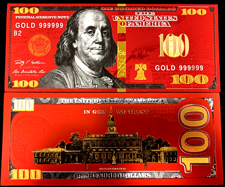 Red Foil Plated Double Sided $100 Dollar Bill with Yellow Seal - Collectors Couch