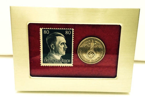 German  Rare 10 Rp Brass Coin with  Stamp in a Secure Metal Disp Frame - Collectors Couch