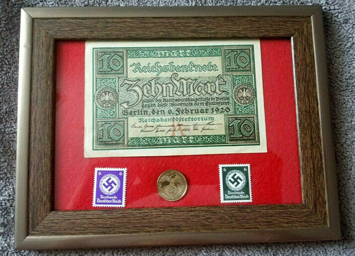 German WW2 Rare 10 Rp Coin wth Stamps & V RARE 10 Mark Bill - Collectors Couch
