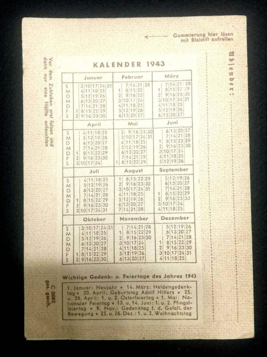 Authentic German 1943 - Uncirculated Letter Post Card with 1943 Calendar - Rare