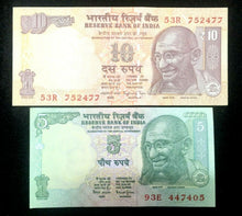 Load image into Gallery viewer, India 5 and 10 Rupees GANDHI Banknote World Paper Money UNC Currency Bills Note