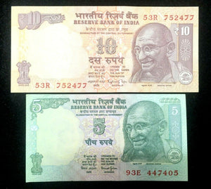 India 5 and 10 Rupees GANDHI Banknote World Paper Money UNC Currency Bills Note