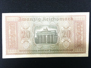 German Rare WW2 20 Mark Bill & German 50 Pf Coin with UNC Stamps