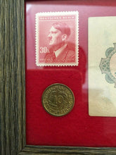 Load image into Gallery viewer, WW2 Rare German 10 Reichspfennig Brass Coin &amp; Unused Stamp &amp; 1 Mark 1914 Bill