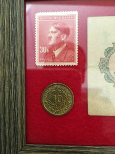 WW2 Rare German 10 Reichspfennig Brass Coin & Unused Stamp & 1 Mark 1914 Bill