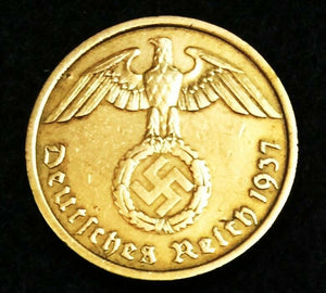 German Nazi WWII Rare 10 Rp Brass Coin  & Stamp in a Secure Metal Display Frame - WWII Artifacts
