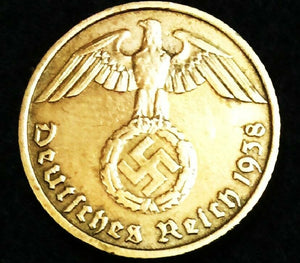 German WW2 Rare 10 Rp Brass Coin & Stamp in a Secure Metal Disp Frame - Collectors Couch