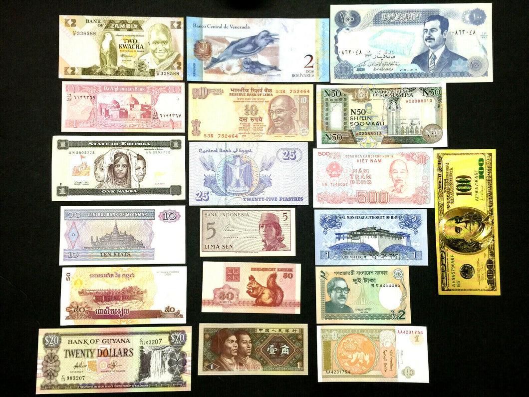 Uncirculated Lot of 18 PAPER MONEY BANKNOTES WORLD CURRENCY & Gold Pltd Souvenir