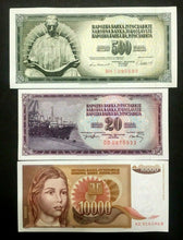 Load image into Gallery viewer, Yugoslavia 10000-500-20 Dinar Banknote World Paper Money UNC Currency Bills