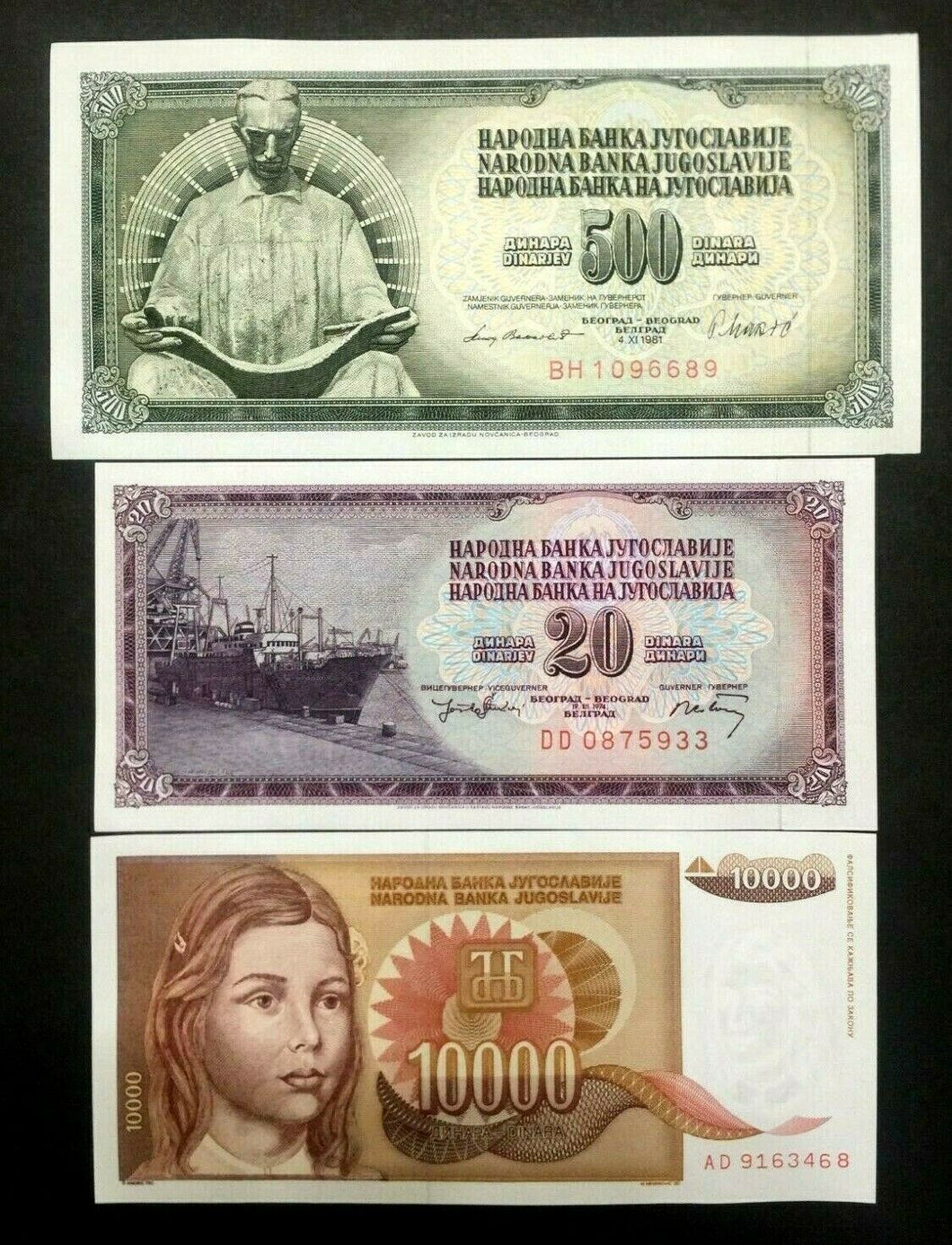 Yugoslavia 10000-500-20 Dinar Banknote World Paper Money UNC Currency Bills