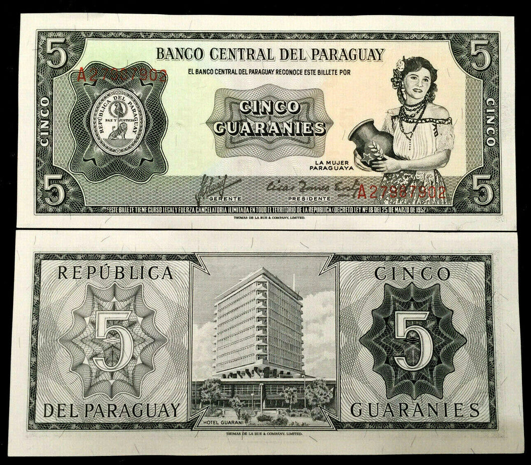 Paraguay 5 Guaranies 1952 Banknote World Paper Money UNC Currency Bill