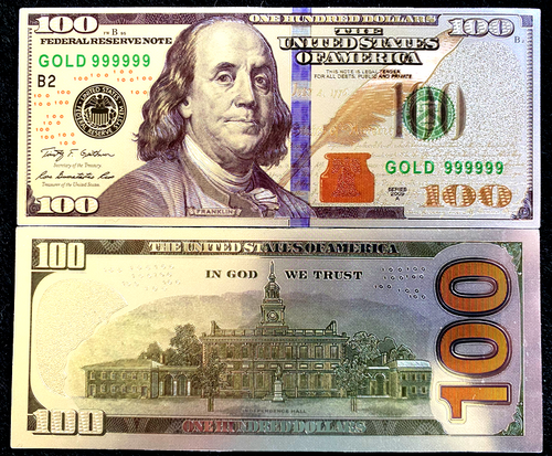 Lot of 10 - Silver Foil Plated $100 Dollar Bill with Green Seal TWO SIDED Print - Collectors Couch