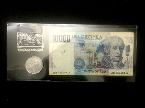 Antique Italy Collection- Used 10000 Lire Bill, 500 Lire Coin, & New Stamp - Collectors Couch