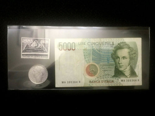 Antique Italy Collection - Used 5000 Lire Bill, 500 Lire Coin & New Stamp - Collectors Couch