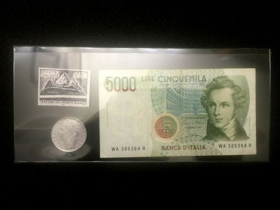 Antique Italy Collection - Used 5000 Lire Bill, 500 Lire Coin & New Stamp - Collectors Couch