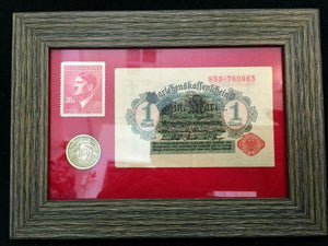 WW2 Rare German 10 Reichspfennig Brass Coin & Unused Stamp & 1 Mark 1914 Bill