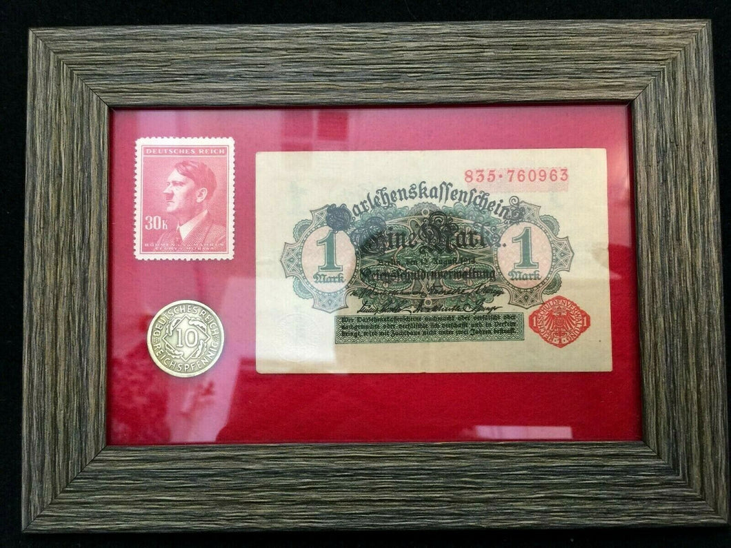 WW2 Rare German 10 Reichspfennig Brass Coin & Unused Stamp & 1 Mark 1914 Bill