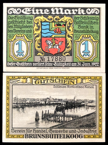 Germany Brunsbüttelkoog 1 Mark 1922 Notgeld- 100 Years Old UNC - Collectors Couch