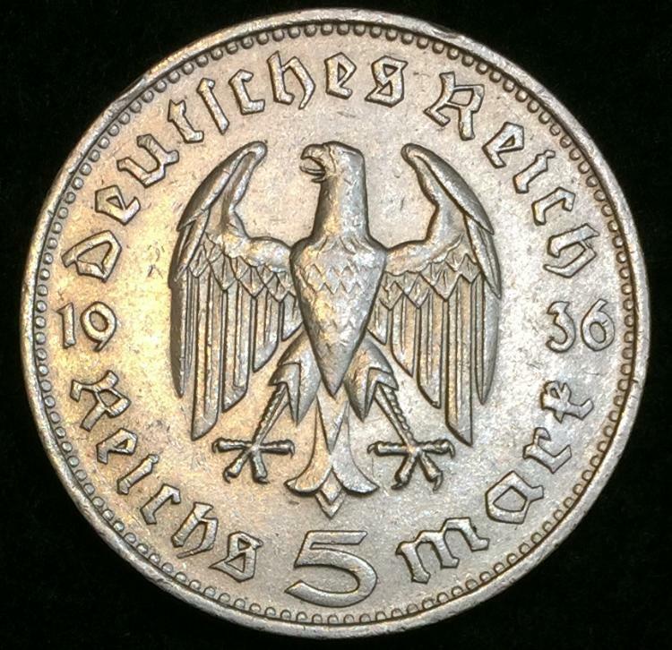German WW2 LARGE  BIG Rare 5 Reichsmark Genuine SILVER Coin with BIG Eagle
