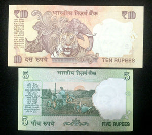 India 5 and 10 Rupees GANDHI Banknote World Paper Money UNC Currency Bills Note