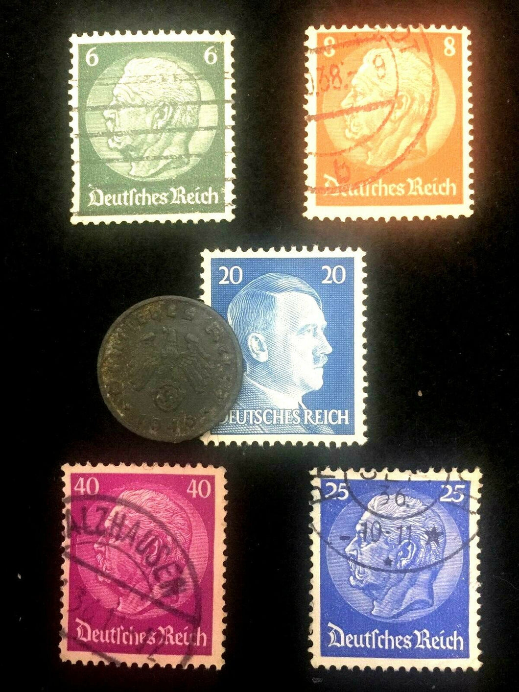 Rare Old WWII German War Coin Five Reichspfennig & Stamps World War 2 Artifact