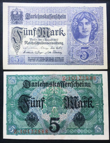 Germany 5 Mark Bill - UNC Uncirculated - Very Rare Bill - 1917 BERLIN - Collectors Couch