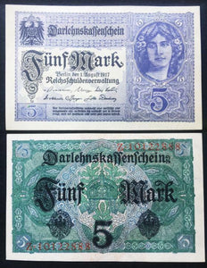 Germany 5 Mark Bill - UNC Uncirculated - Very Rare Bill - 1917 BERLIN - Collectors Couch