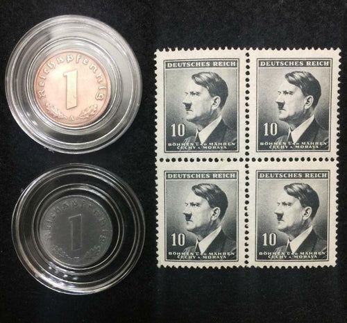 Authentic German WW2 Coins in Secure Holder & Black Stamps - Historical Artifact