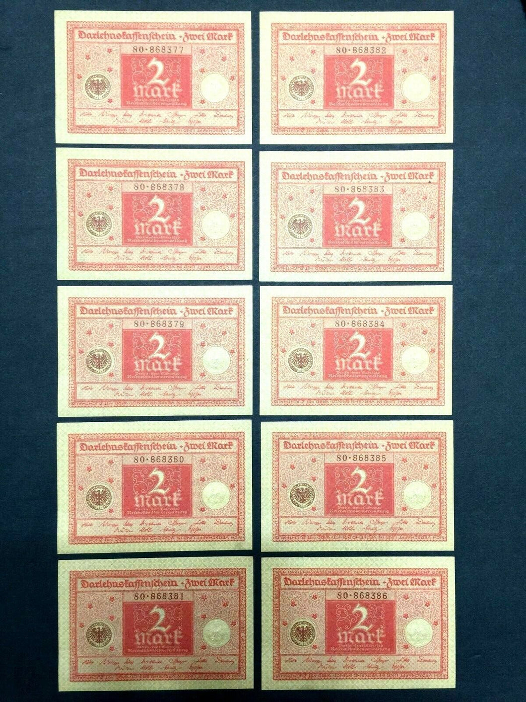 Germany 10 Two Mark 1920 Bill - Uncirculated - Consecutive Numbers