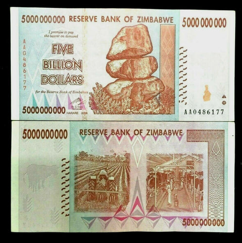 Zimbabwe FIVE BILLION DOLLARS  Banknote World Paper Money Circulated Currency Bill Note - Collectors Couch
