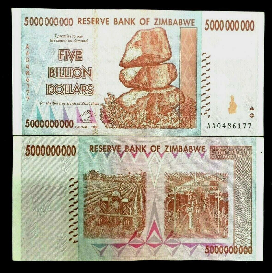 Zimbabwe FIVE BILLION DOLLARS  Banknote World Paper Money Circulated Currency Bill Note