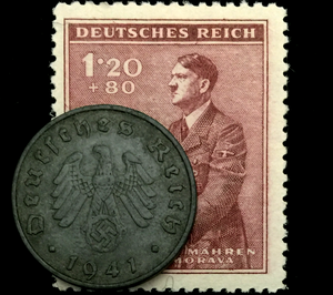 Rare Old WWII German War 10 Reichspfennig Coin & Stamp World War 2 Artifact