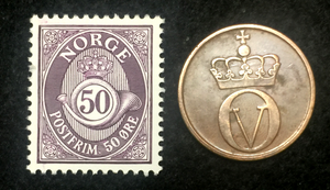 Norway Collection  - Unused Stamp & Circulated 2 Ore Coin - Educational Gift.