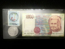 Load image into Gallery viewer, Antique Italy Collection - Used 1000 Lire Bill, 500 Lire Coin, &amp; New Stamp - Collectors Couch