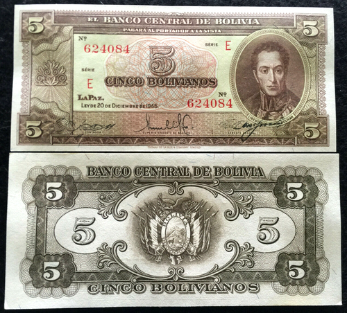 Bolivia 5 Bolivianos P138 1945 Banknote World Paper Money AUNC - Collectors Couch
