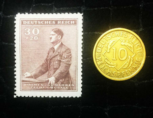 Authentic German WW2 unused Stamp & Antique 10 Pf Brs German Coin
