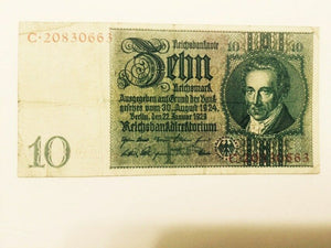 German WW2 Rare 10 Rp Coin wth Stamps & V RARE 10 Mark Bill - Collectors Couch