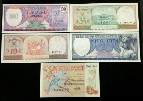 Suriname 100,25,10,5,21/2 Gulden Banknote Set World Paper Money UNC Currency - Collectors Couch