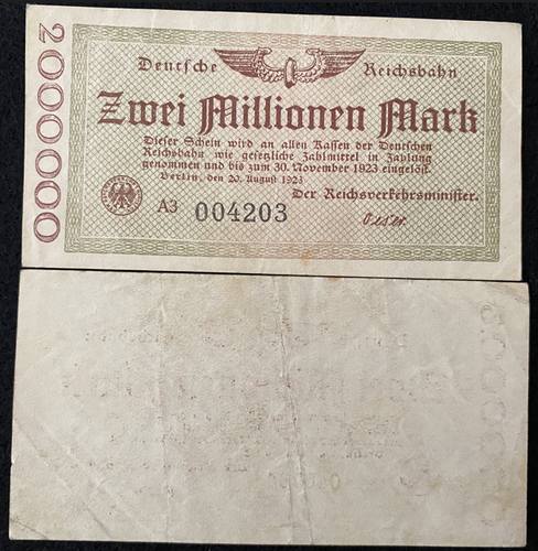Germany 2 MILLION Mark 1923 Banknote - 99 Years Old - Collectors Couch