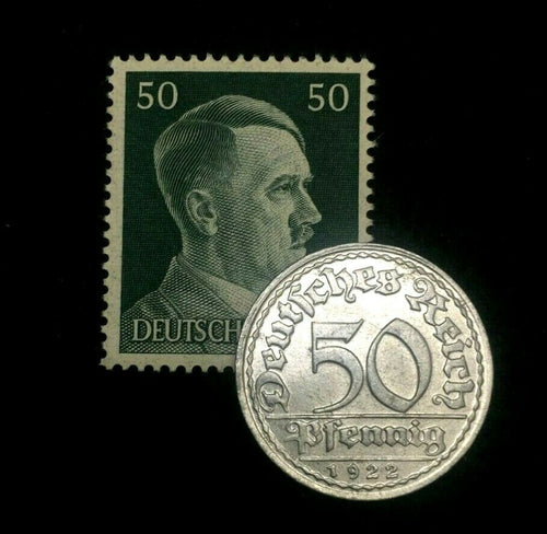 Rare Antique German 50 Pfenning 1920s Coin & Unused Stamp WW1 & 2 Artifacts