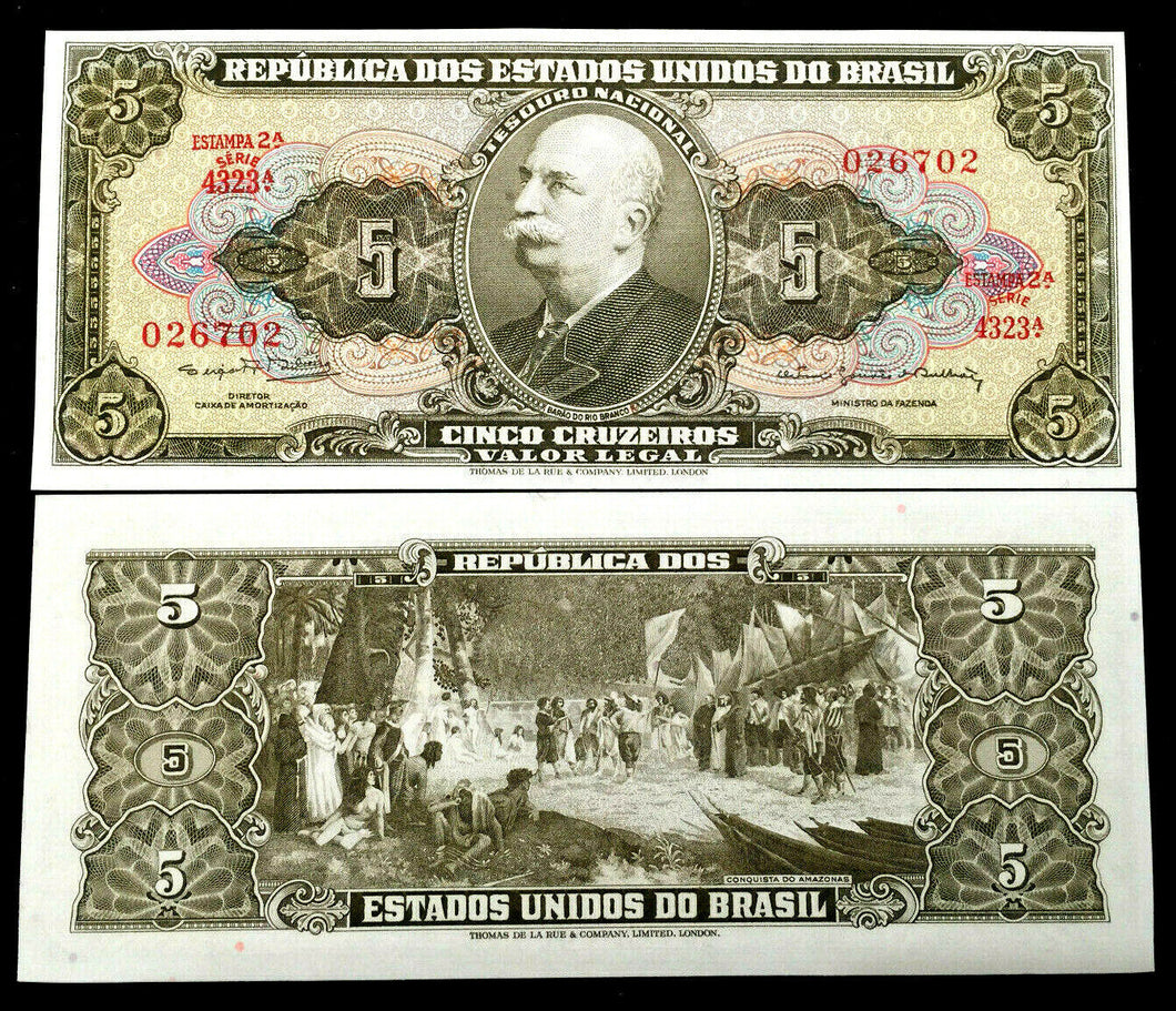 Brazil 5 Cruzeiros 1962 Banknote World Paper Money UNC Currency Bill Note