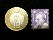 Load image into Gallery viewer, India 10 Rupee Gandhi New Bill, Unused Gandhi Stamp, and Used 10 Rs Coin