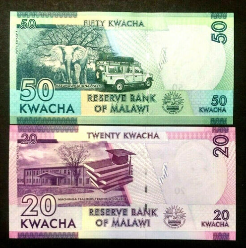 MALAWI 20 and 50 KWACHA Banknote World Paper Money UNC Currency Bill Notes - Collectors Couch