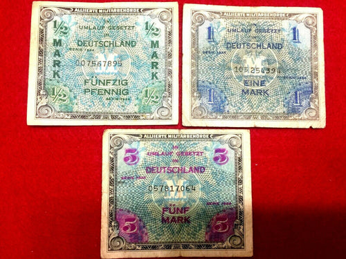 Authentic Rare Military Occupation German 1944 Bills - Half, One, & Five Mark - Collectors Couch