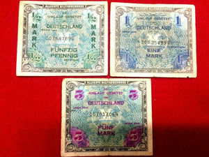 Authentic Rare Military Occupation German 1944 Bills - Half, One, & Five Mark