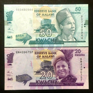MALAWI 20 and 50 KWACHA Banknote World Paper Money UNC Currency Bill Notes