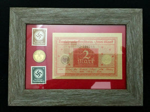 WW2 Rare German 5 Reichspfennig Brass Coin Stamps & 2 Mark Bill