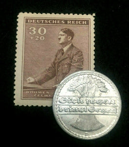 Rare Antique German 50 Pfenning 1920s Coin & UNC Stamp World War 2 & 1 Artifacts - Collectors Couch