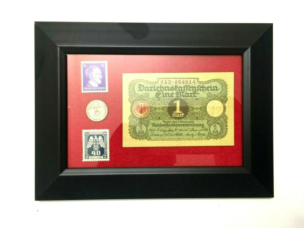 WW2 Rare German Nazi Third Reich 1 Rp Coin, Stamps & 1 Mark Bill in Display frame