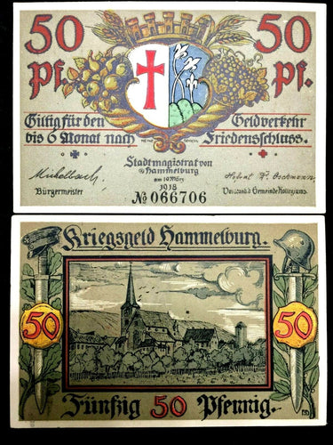1918 German Notgeld Hammelburg 50 Pfennig Bank Note - 100 Years Old UNC - Collectors Couch